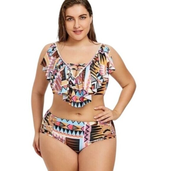 Plus Size Tribal Print Ruffle Bikini Top & Bottom Set Size 26 - Picture 1 of 14